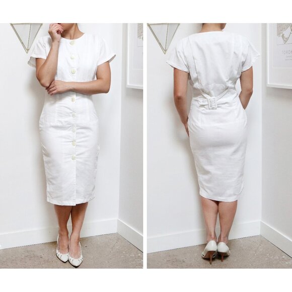 70s Milk White Sundress w/ Lemonade Swirled Buttons, Women's Small Short Sleeve - Picture 1 of 7